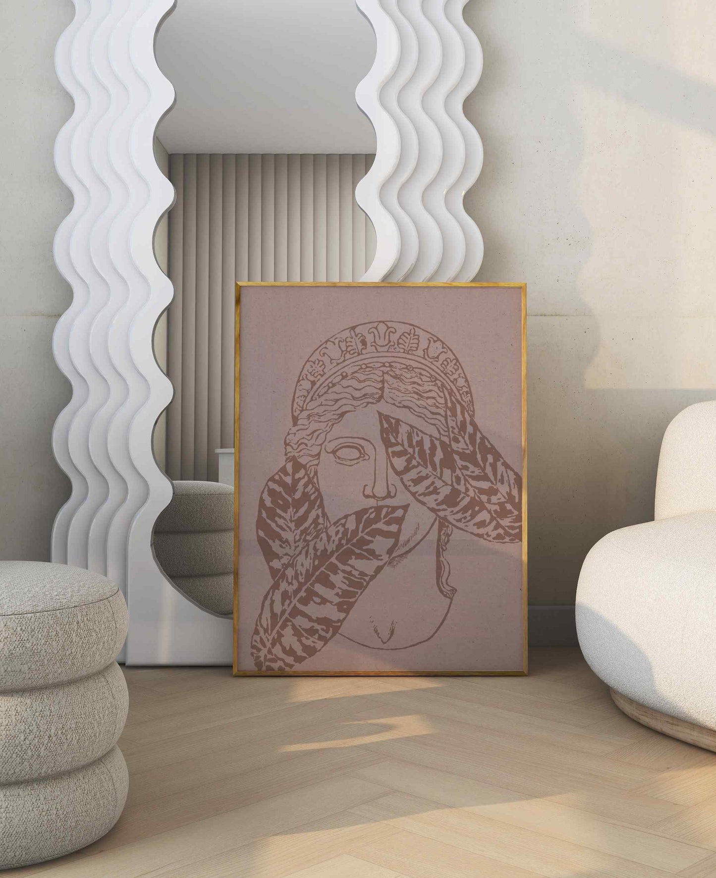 A framed poster with an illustration of an antique sculpture of women's face stands in the room