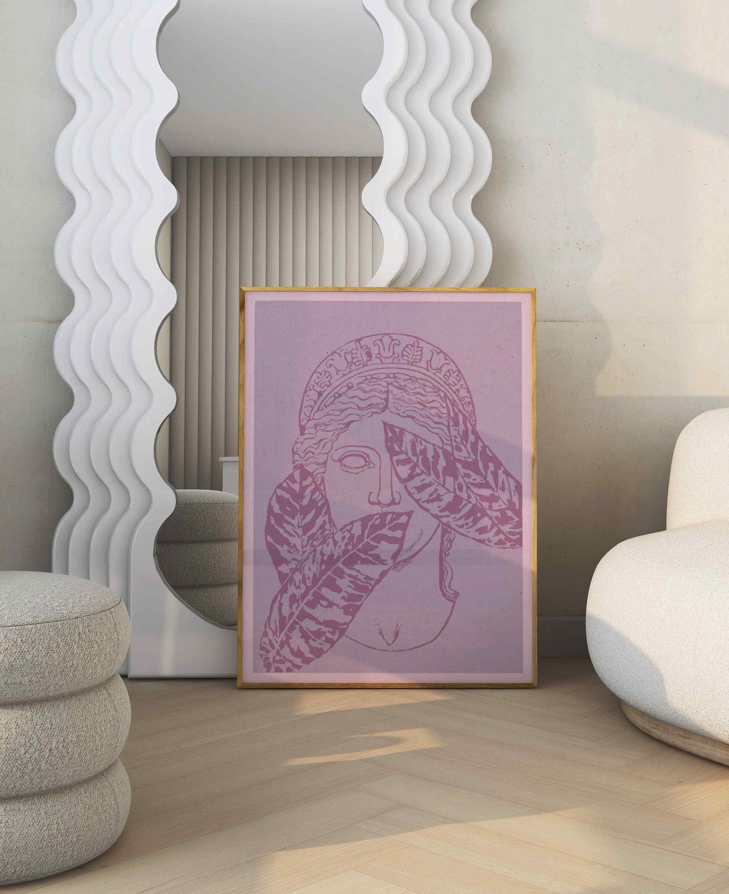 Framed poster with an illustration of an antique sculpture of women's faces in pink shades, stands in the room