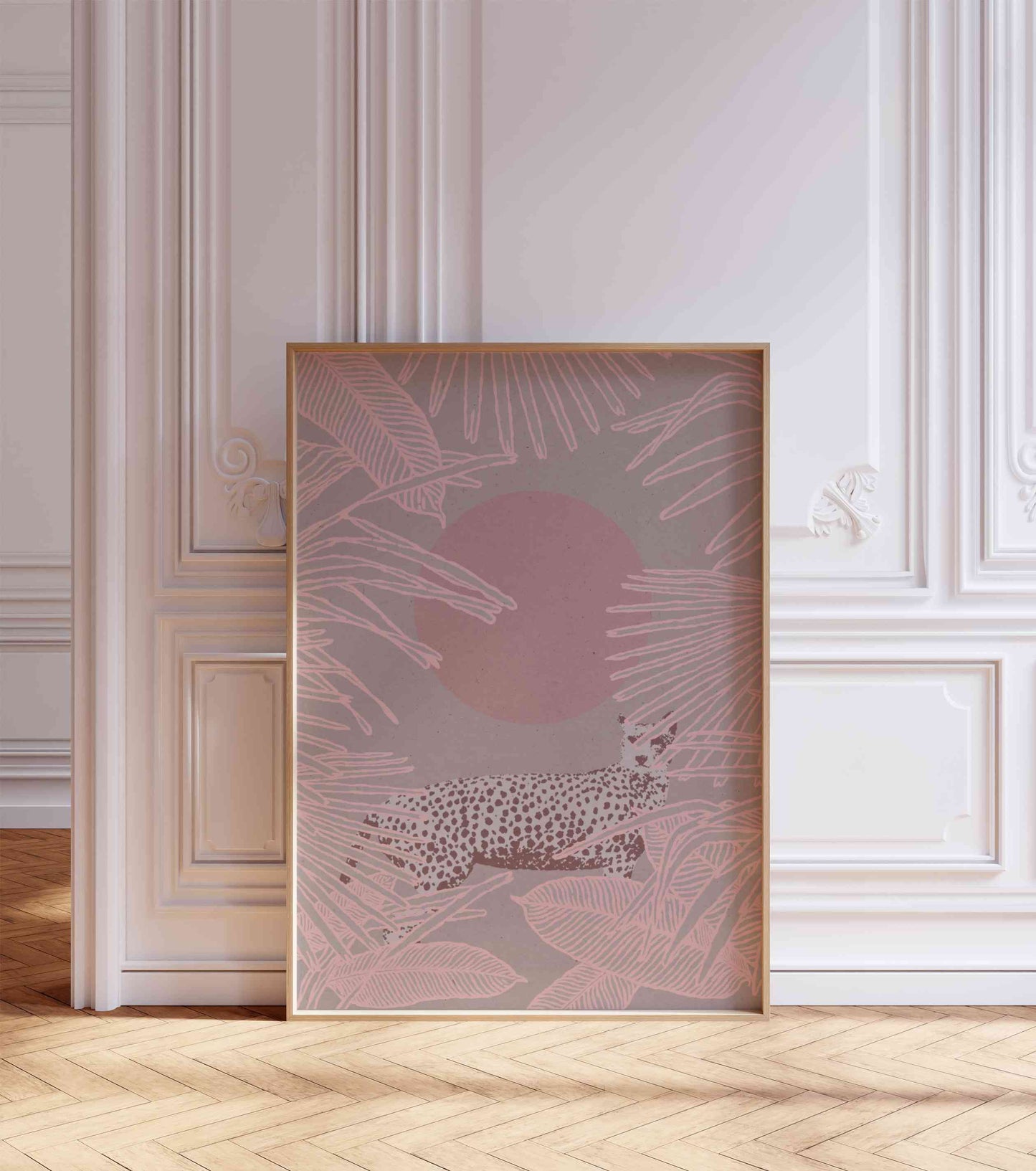 Boho art poster with an illustration of a cheetah in the jungle stands in the room with white walls