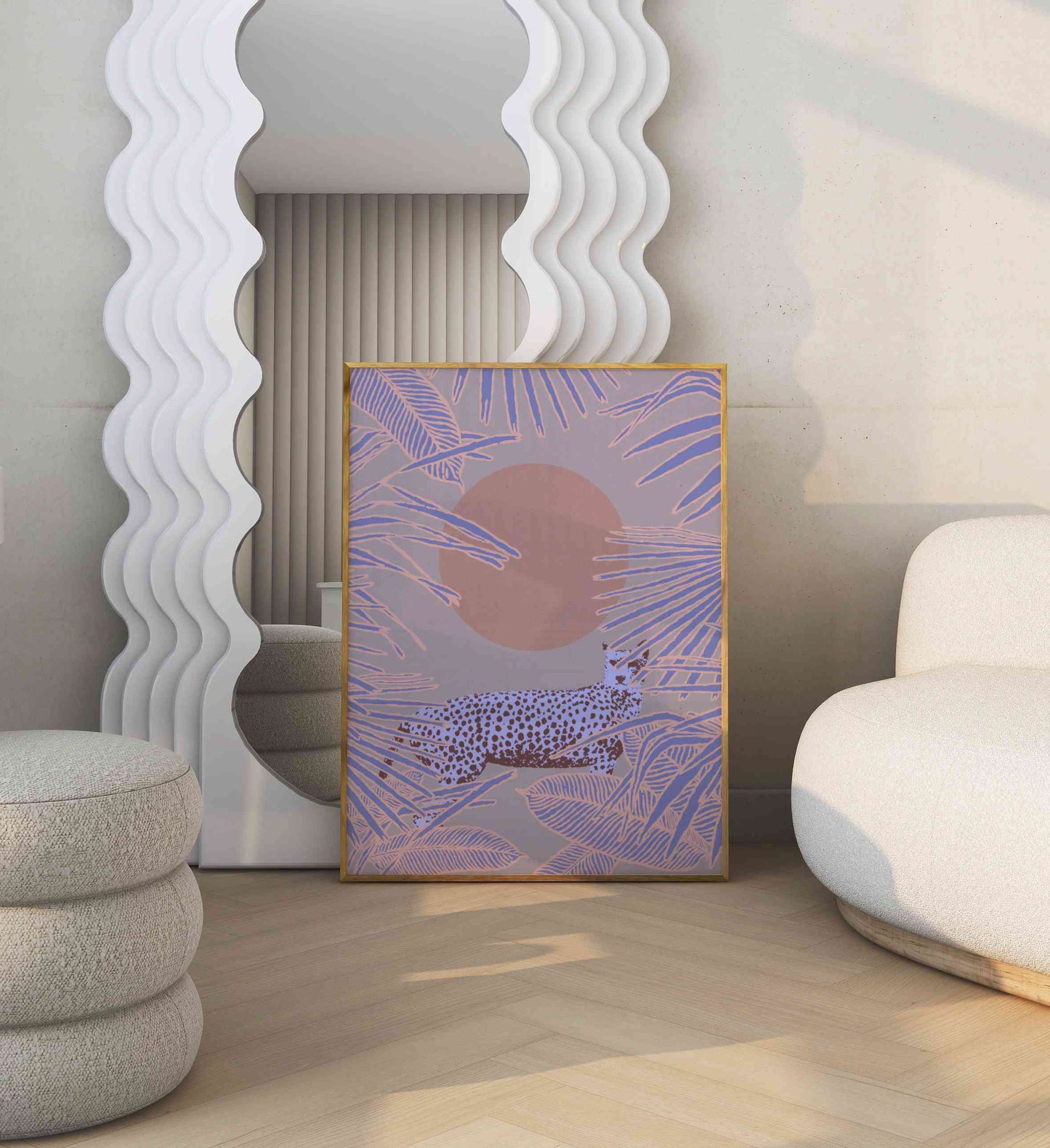 Boho art poster with an illustration of a cheetah in the jungle stands in the modern room