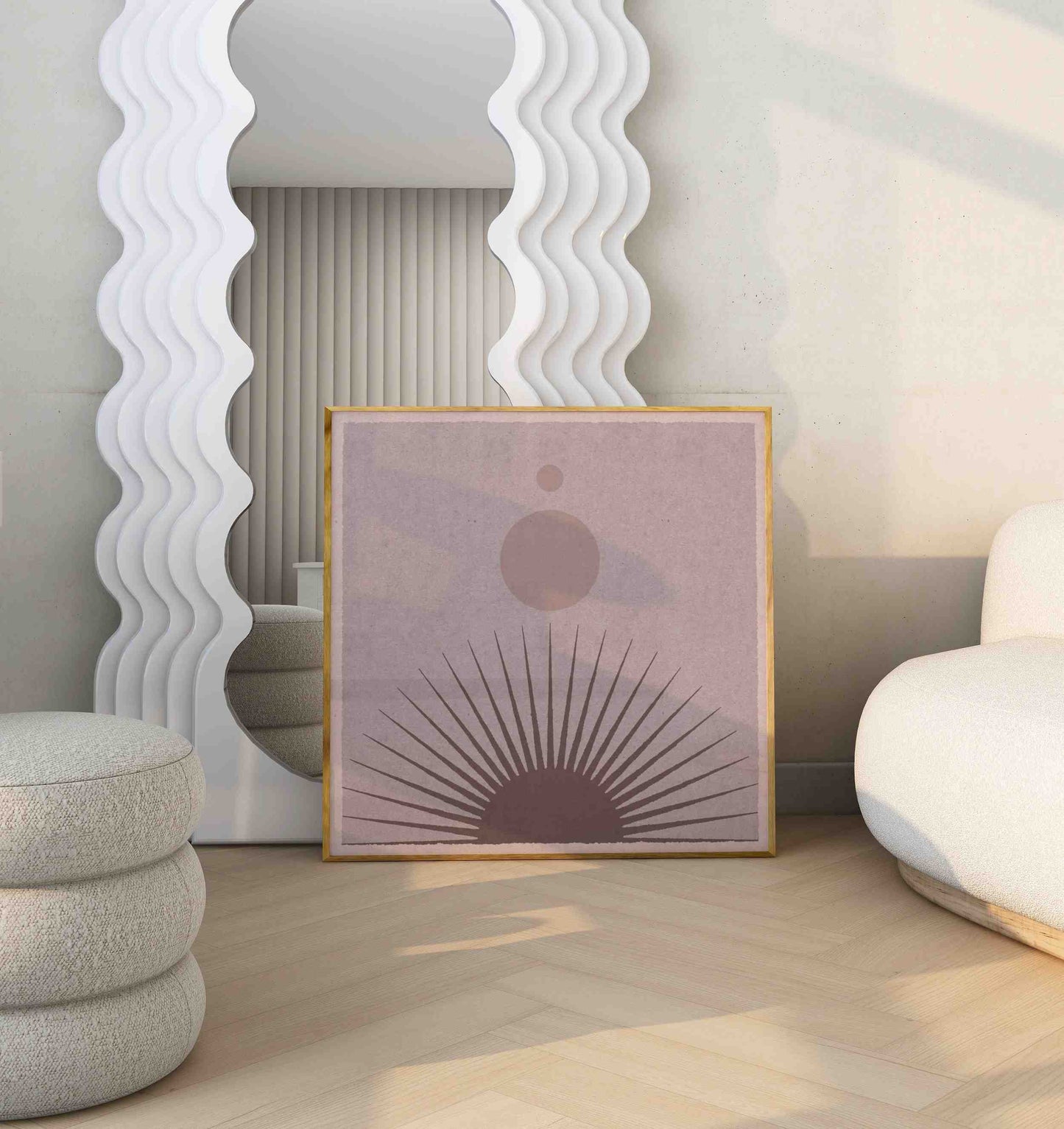 Framed boho poster with an illustration of a rising sun motif, stands in the modern room