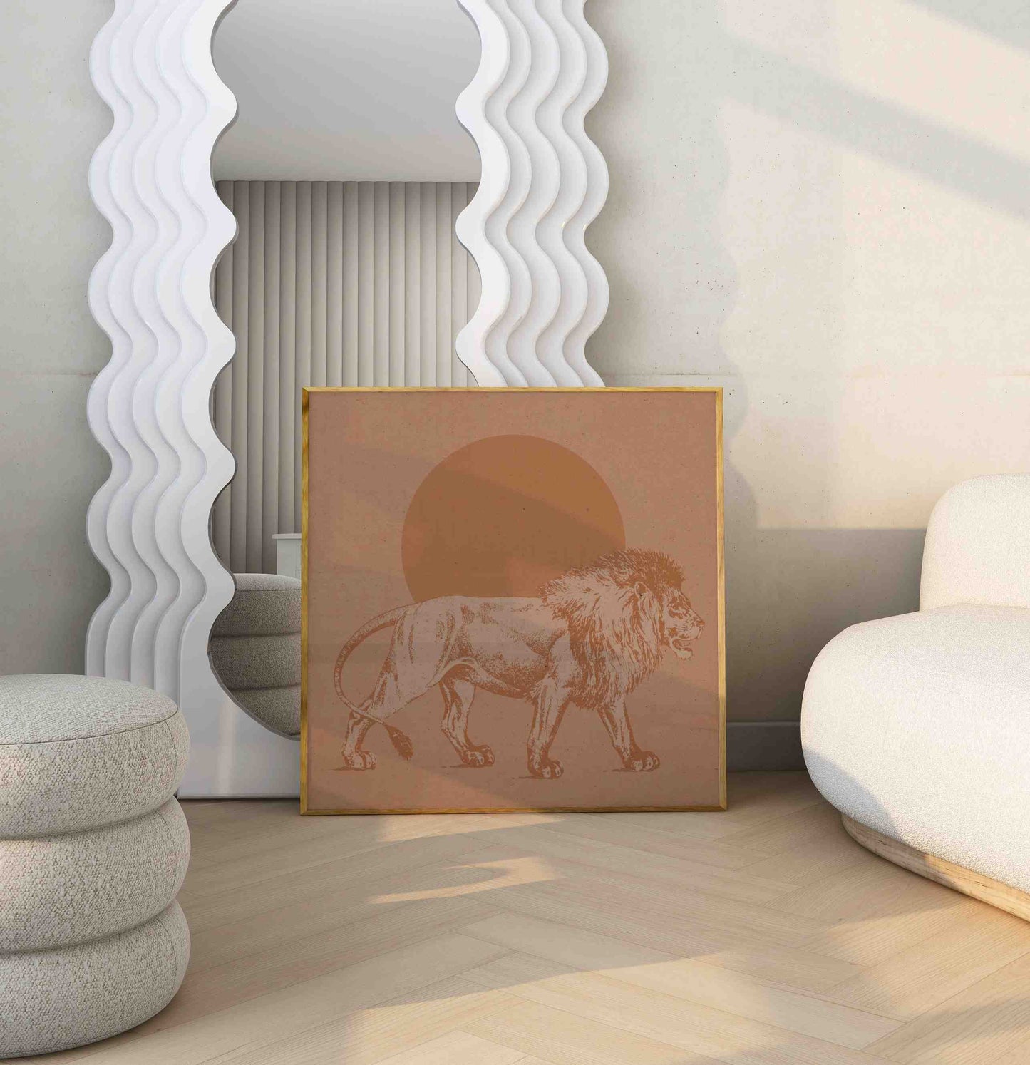 Framed boho poster with an illustration of a lion, stands in a modern room