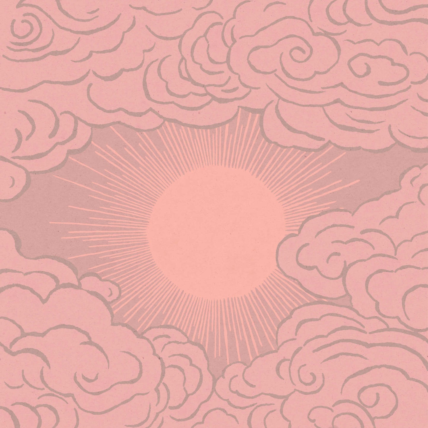 A poster with an illustration of a shining sun and clouds in warm tones