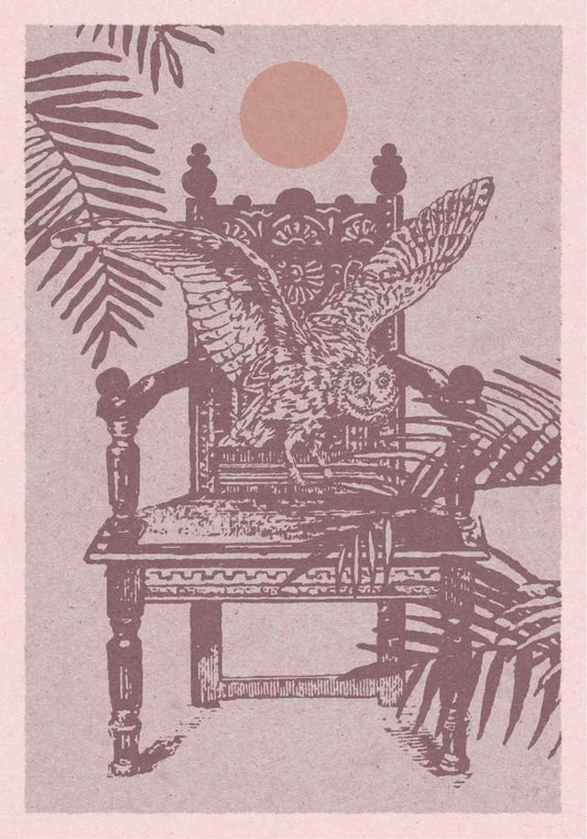 Wall art with an illustration of an owl on a throne among the palm trees