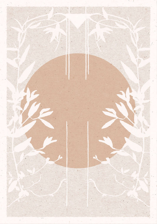 A boho style poster in shades of beige with a plant motif and a large sun