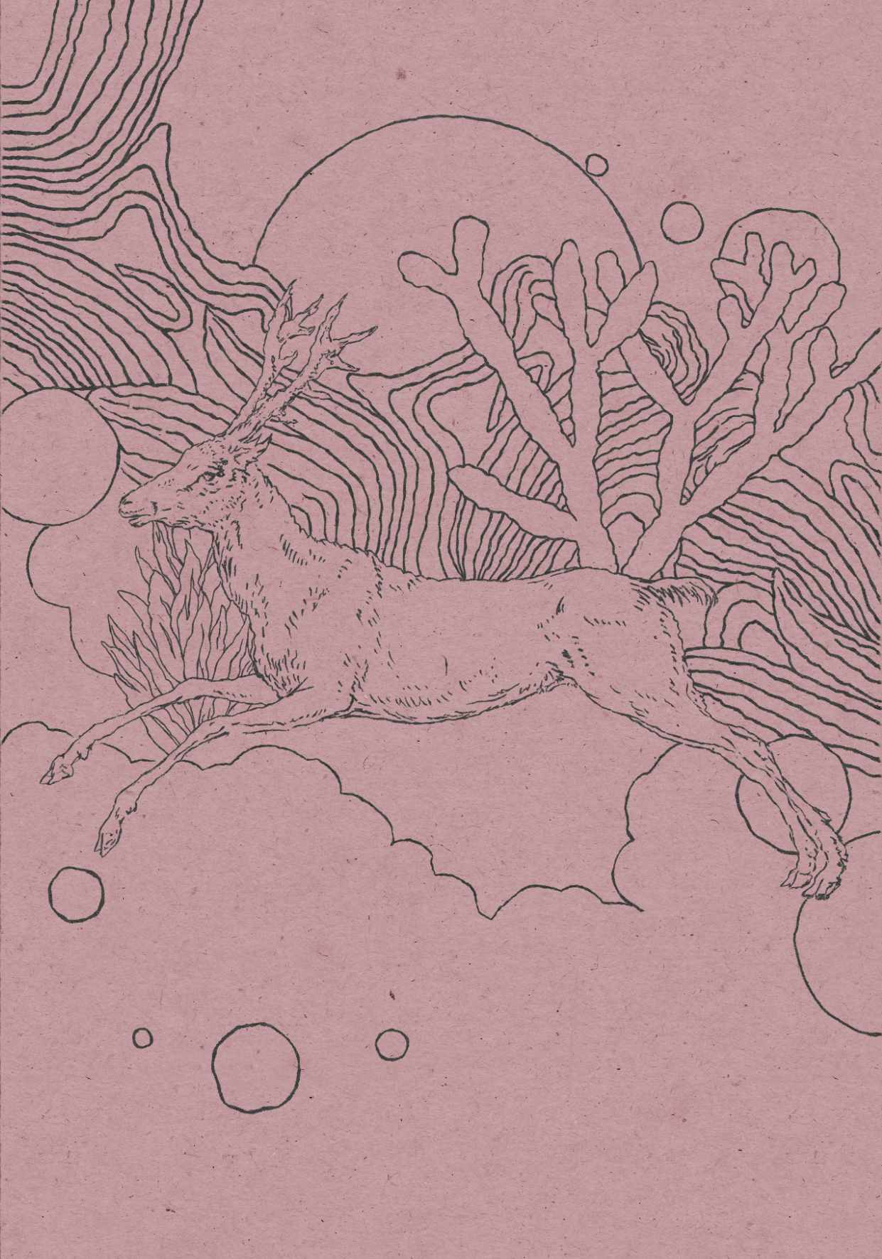 A poster in shades of pink with an illustration of a deer jumping in the clouds