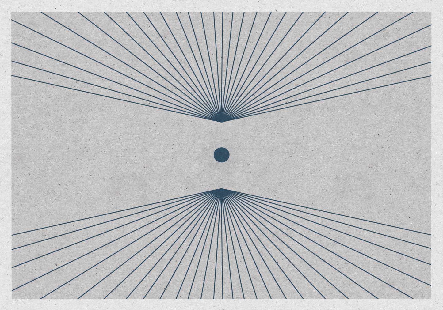 Minimalist art poster in shades of  navy blue and gray with an illustration of a sun in space