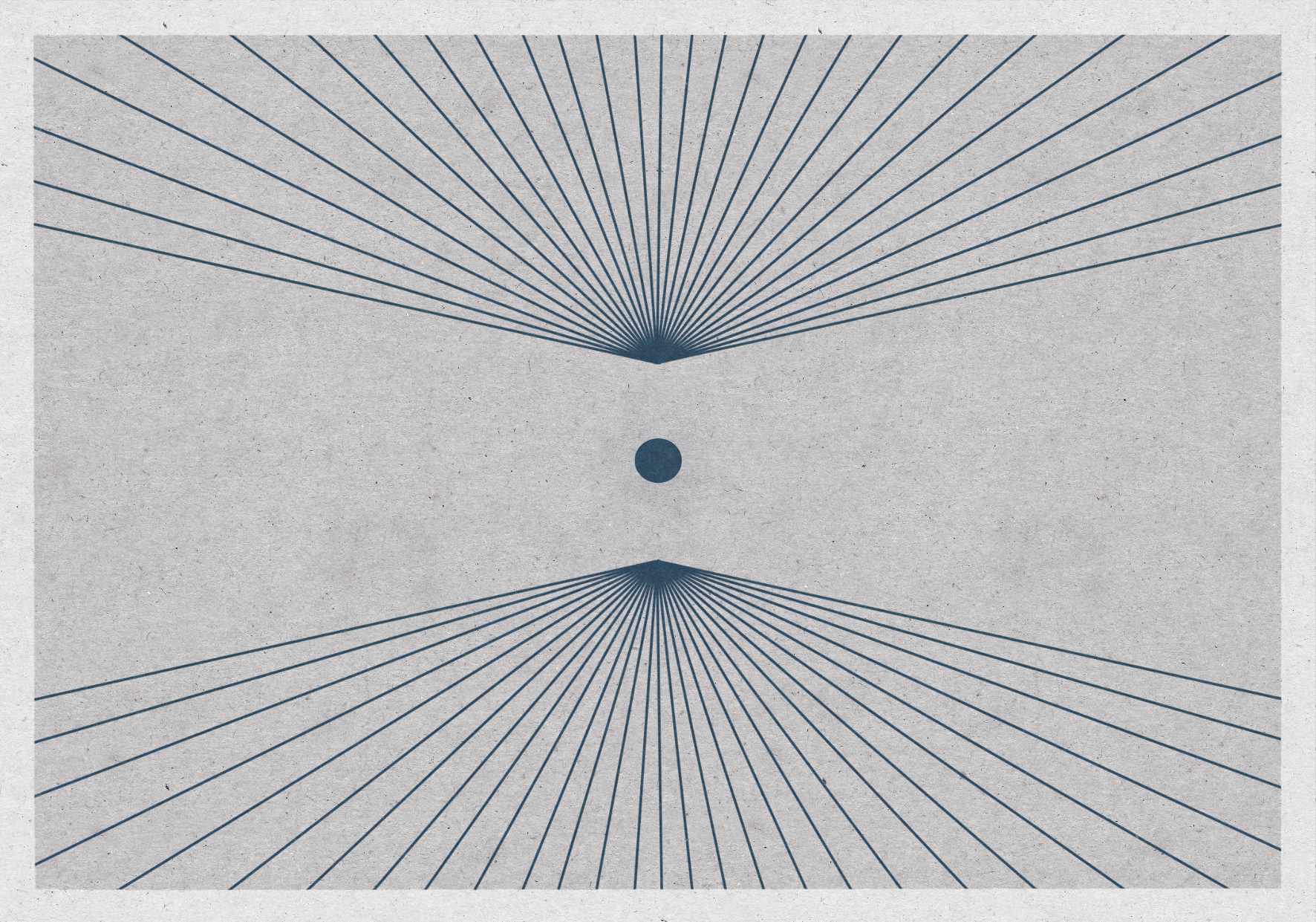 Minimalist art poster in shades of  navy blue and gray with an illustration of a sun in space