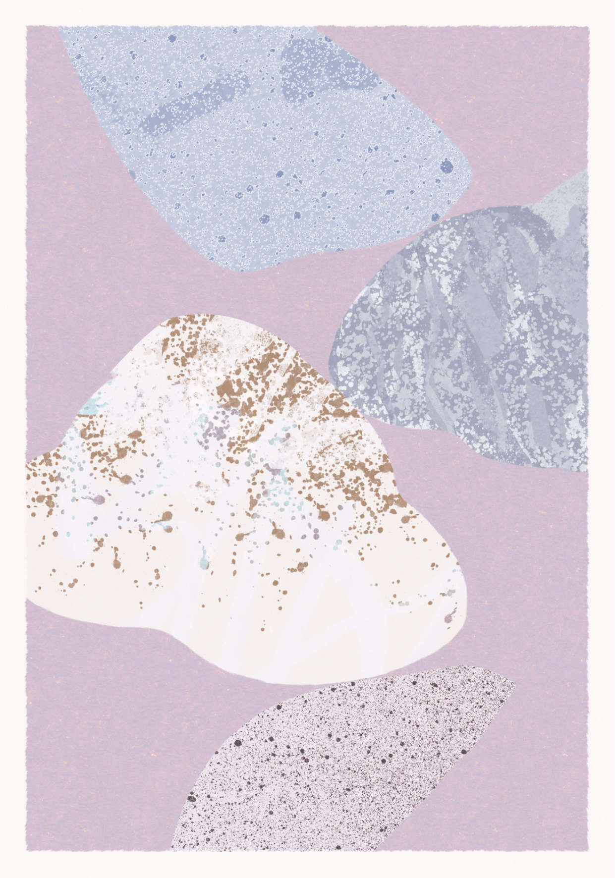 Abstract poster with organic shapes in white, blue, pink and gray shades