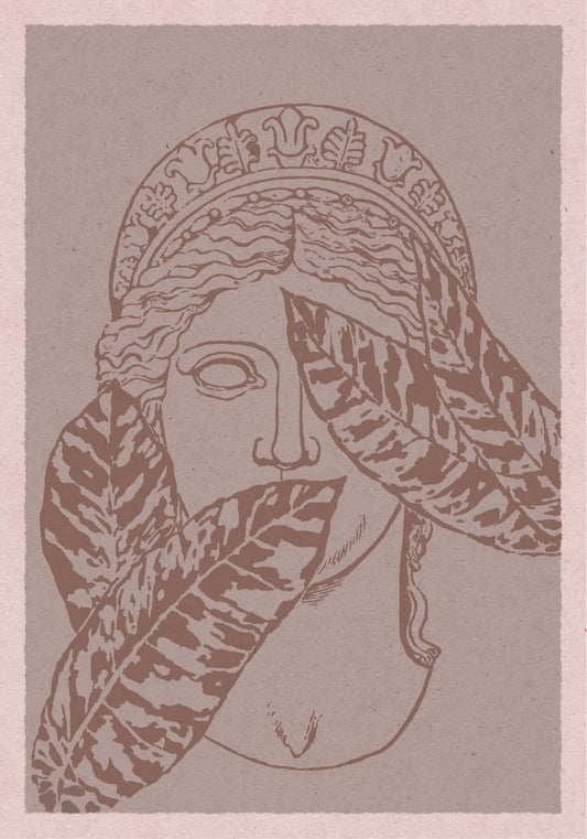 Poster with an illustration of an antique sculpture of women's faces and leafs motif in brown shades