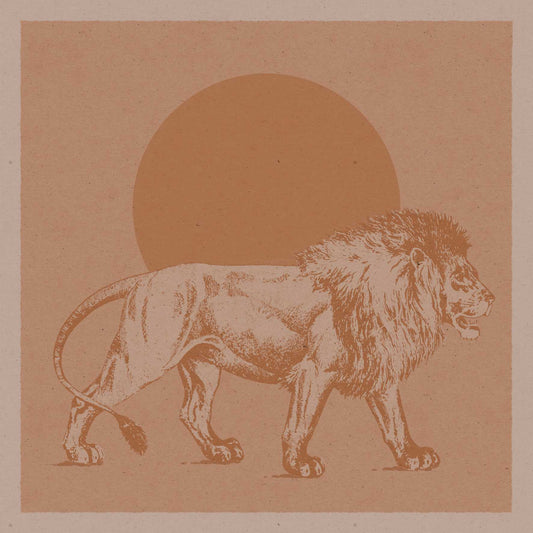 Boho poster with an illustration of a lion and sun in mustard color