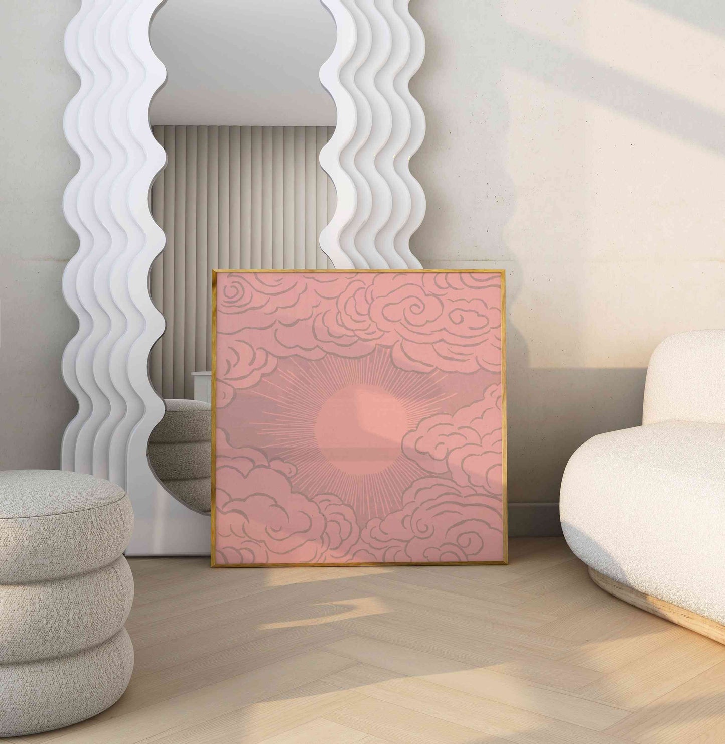 A boho style poster with an illustration of a shining sun in the clouds, stands in a modern room