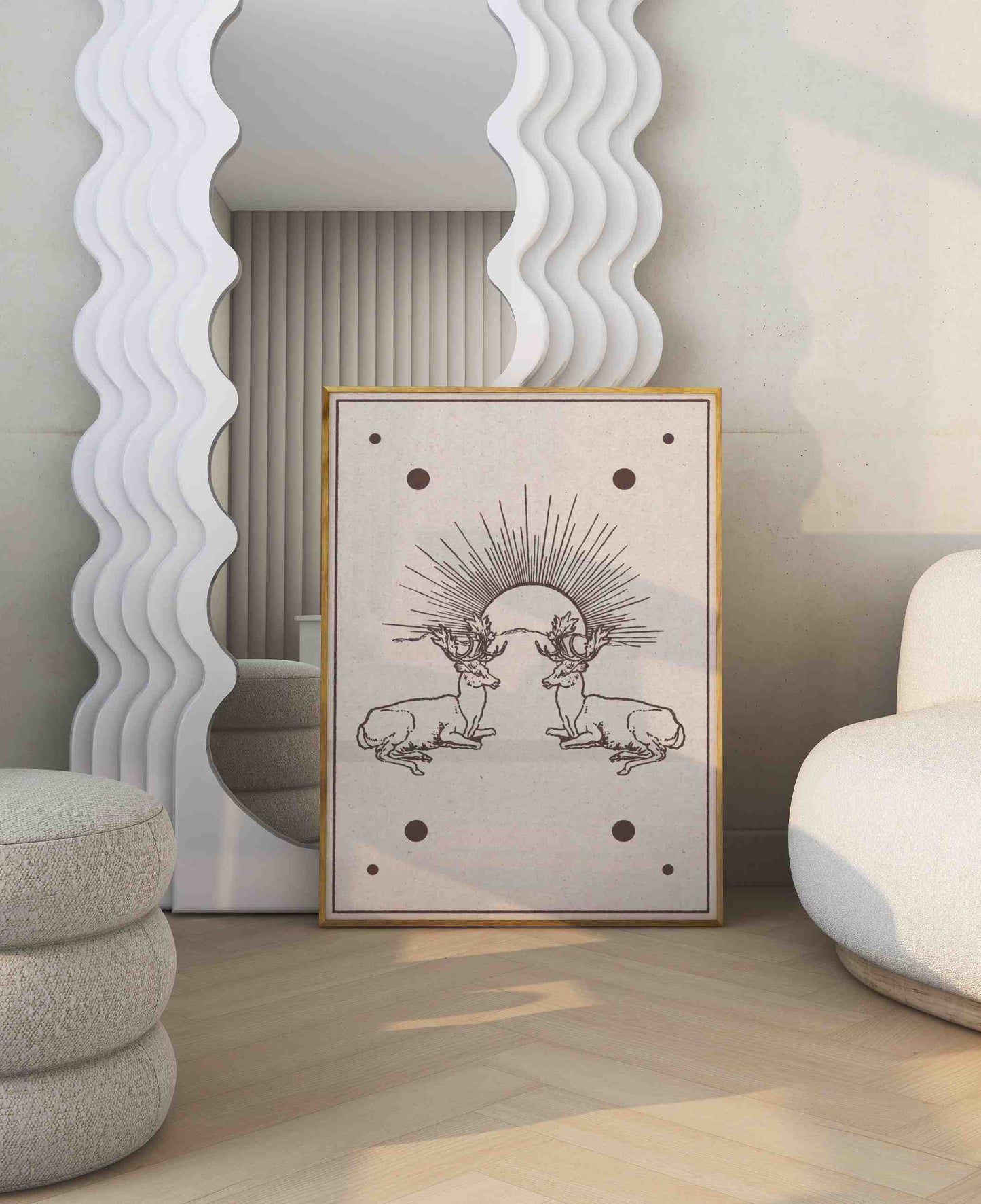 Boho poster with an illustration of two deer and a sunrise stands in the bright living room