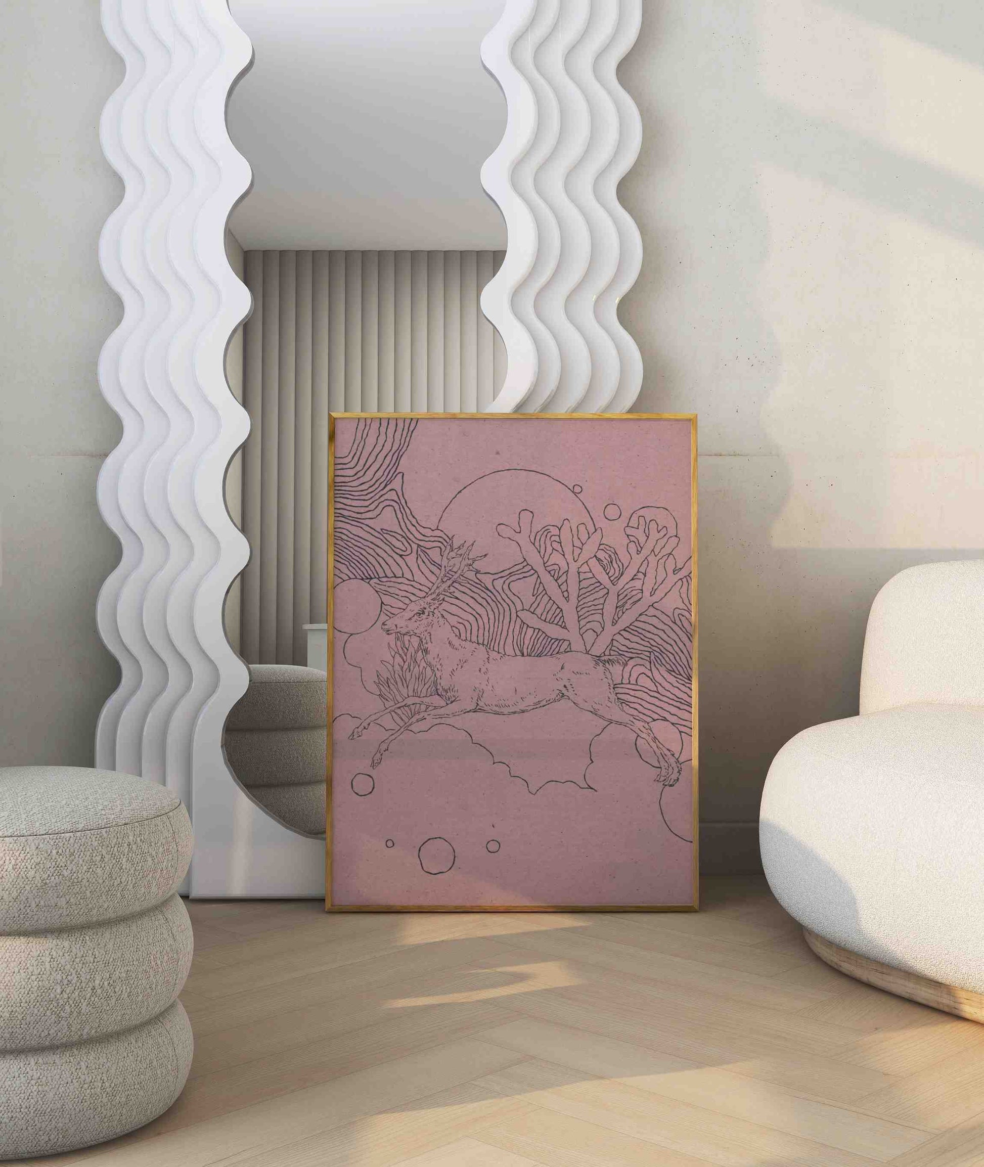 A poster with a fanciful illustration of a deer stands in a modern bright room.