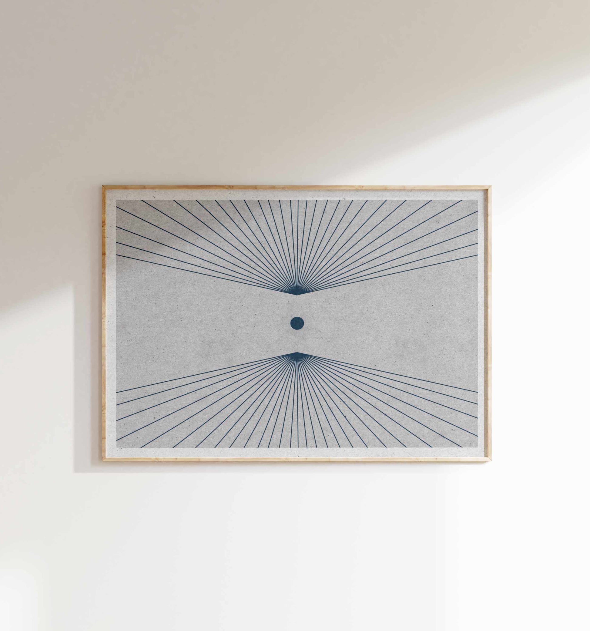 Minimalist art poster with an illustration of a sun in space hanging on the white wall