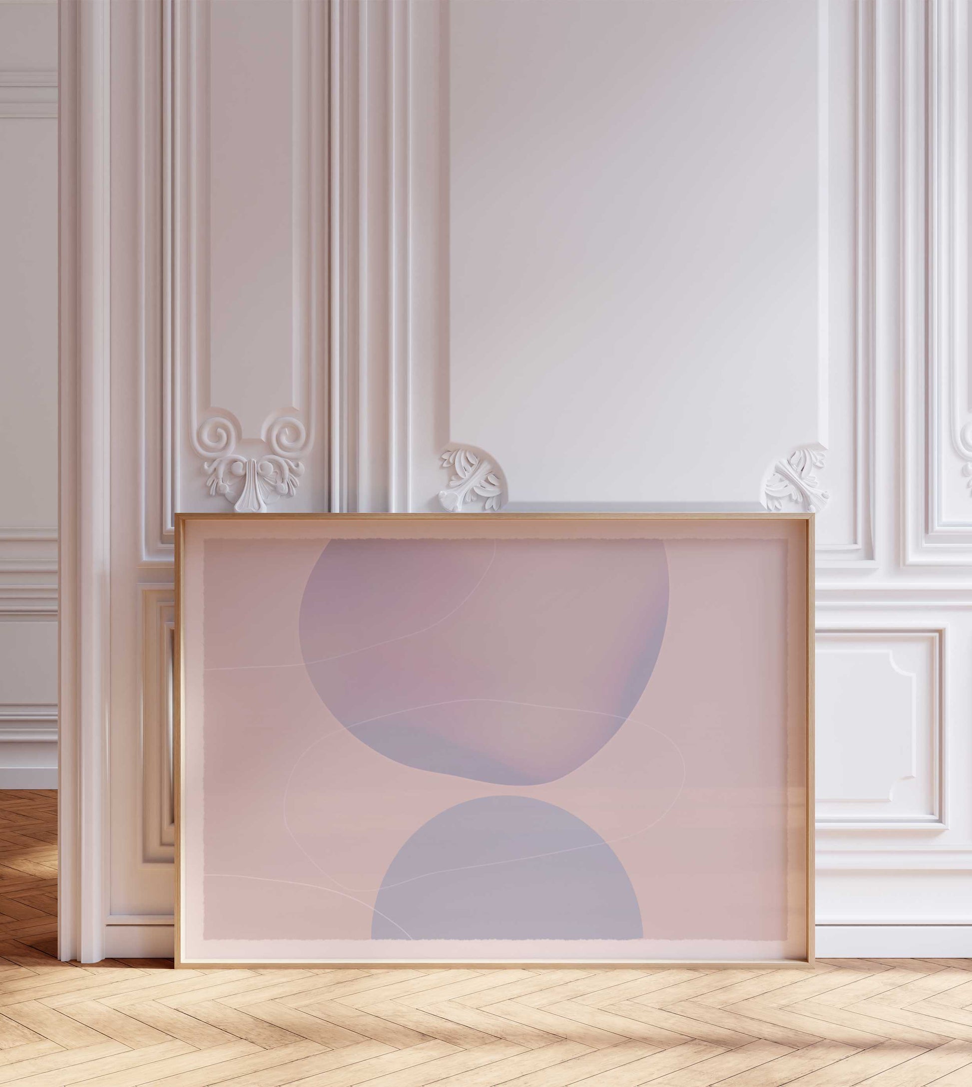 Modern abstract poster with round shapes in pink, blue, and beige colors stands in a room