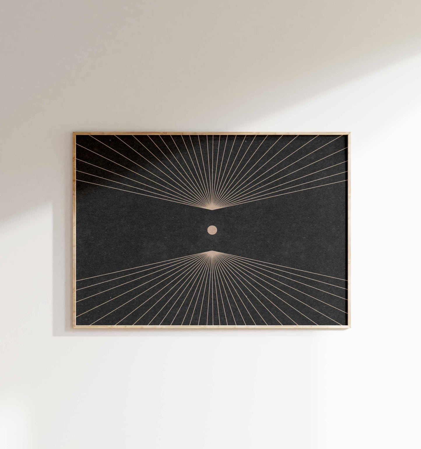 Minimalist art poster with an illustration of a sun in space hanging on the white wall