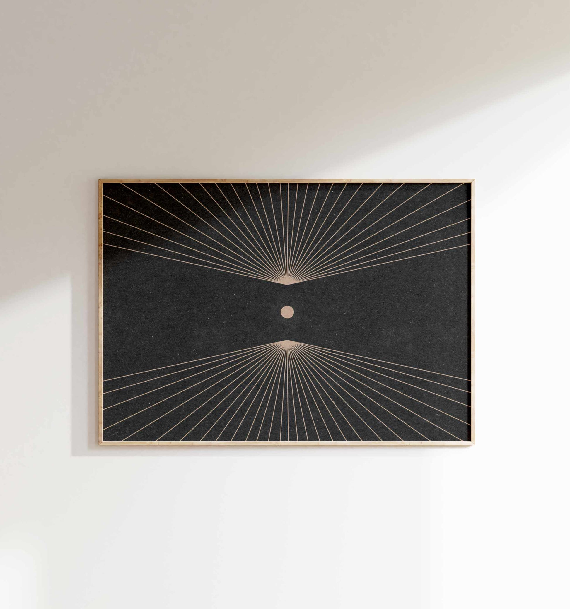 Minimalist art poster with an illustration of a sun in space hanging on the white wall